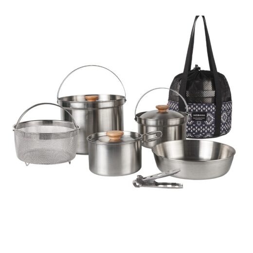 5Pcs Set Alat Masak Stainlees Steel NOBANA Nesting Camping Hiking Panci Kettle Kemah Outdoor