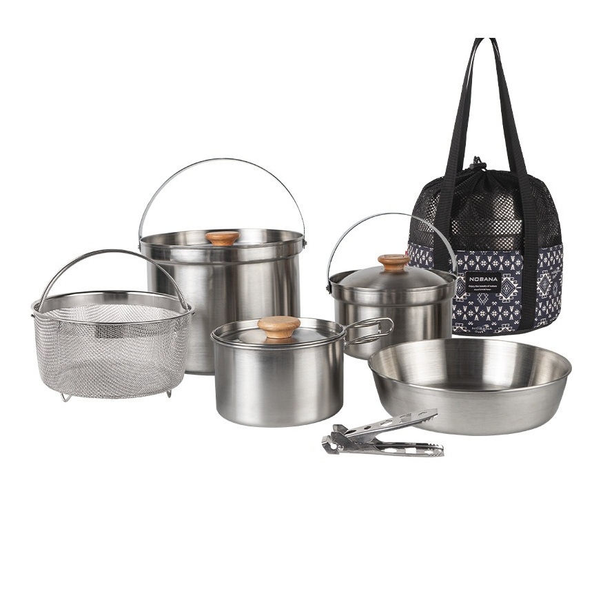 5Pcs Set Alat Masak Stainlees Steel NOBANA Nesting Camping Hiking Panci Kettle Kemah Outdoor