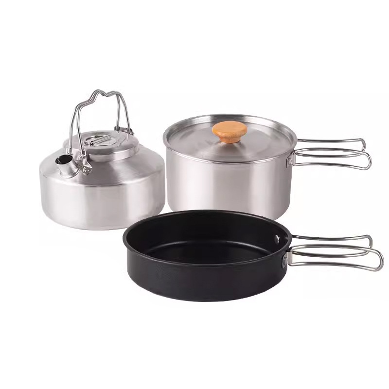 3Pcs Set Alat Masak Stainlees Steel Panci Teflon Kettle Nesting Camping Hiking Outdoor Mendaki
