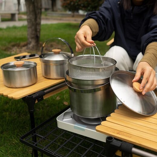 5Pcs Set Alat Masak Stainlees Steel NOBANA Nesting Camping Hiking Panci Kettle Kemah Outdoor - Image 3