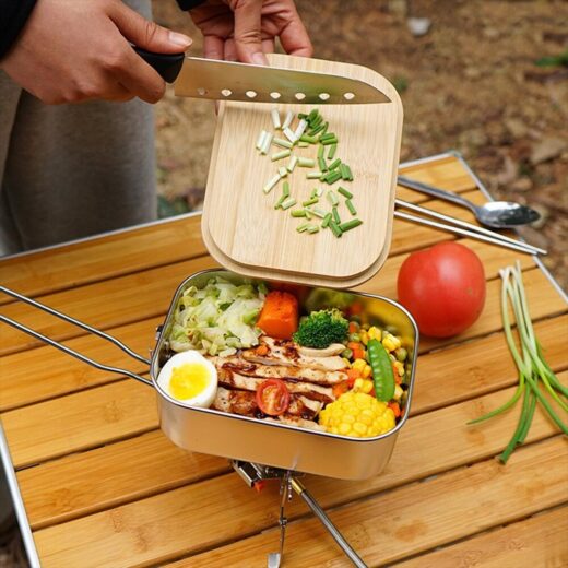 Kotak Makan Stainless Steel Lunch Box Portable Nesting Outdoor Talenan Panci Camping Picnic Hiking Mendaki - Image 3