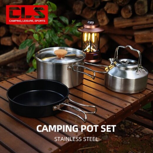 3Pcs Set Alat Masak Stainlees Steel Panci Teflon Kettle Nesting Camping Hiking Outdoor Mendaki - Image 3