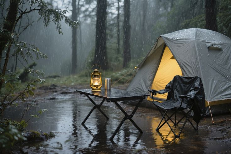 Camping di musim hujan dengan tenda waterproof di pegunungan
